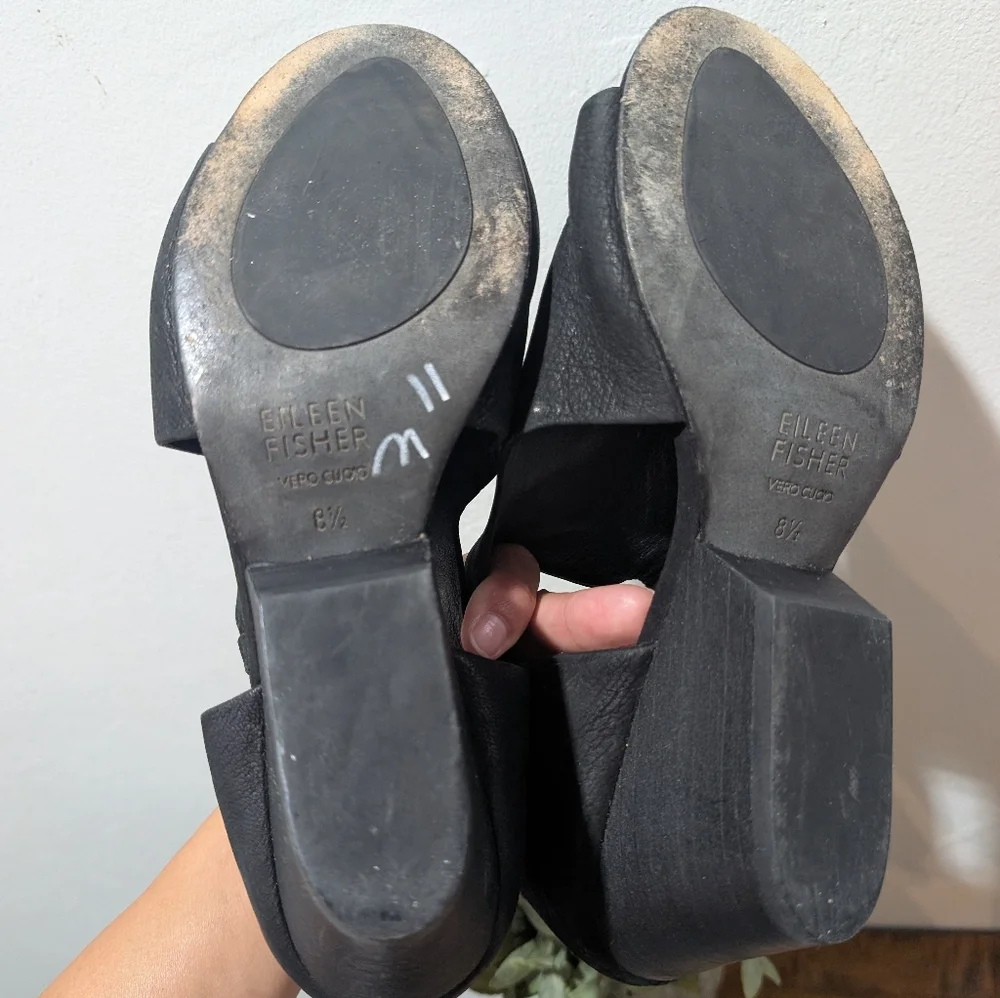 Eileen Fisher Black Leather  Iris‎ Sandals Wedges Size 8.5